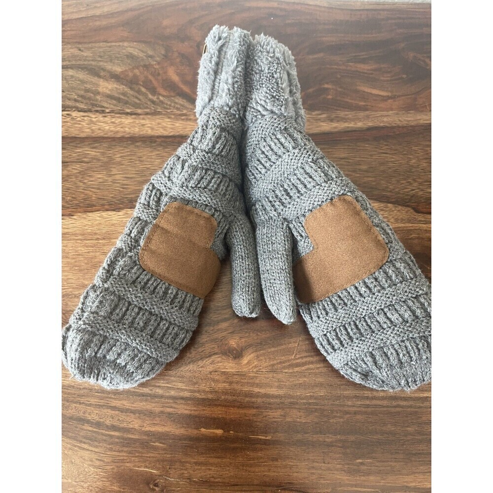 C.C Exclusive Women's Winter Warm Gray Fleece lined Knit Mitten Gloves - Picture 3 of 4